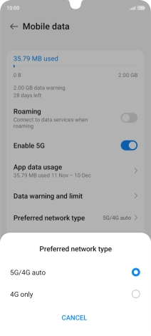Press the required network mode.