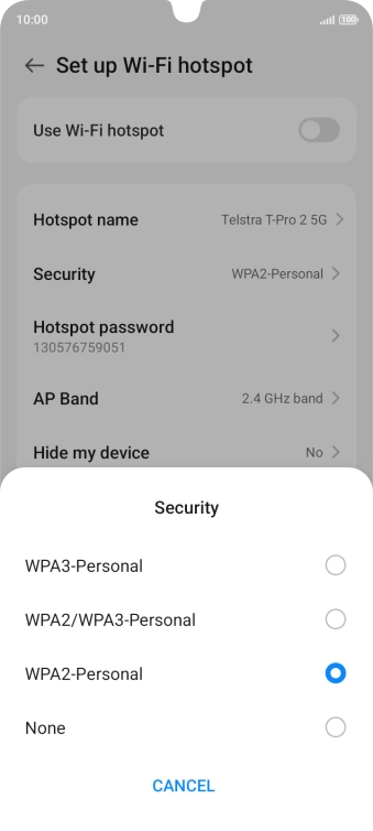 Press WPA3-Personal to password protect your Wi-Fi hotspot.