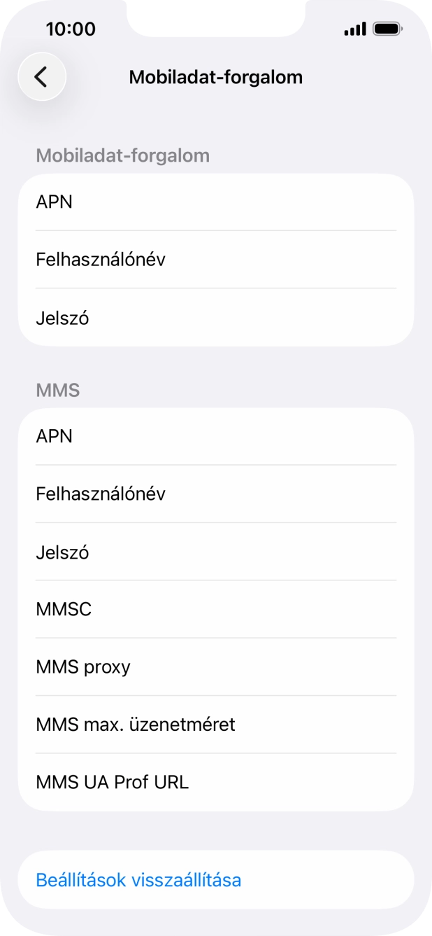 Válaszd az APN lehetőséget. Amennyiben előfizetésed van, írd be azt, hogy mms.