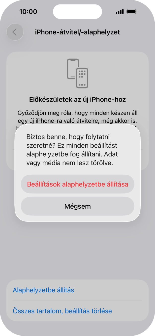 Válaszd a Beállítások alaphelyzetbe állítása lehetőséget. Várj egy kicsit, amíg a telefon visszaállítja a gyári beállításokat. A telefon konfigurálásához és ahhoz, hogy üzemkész állapotba hozd, kövesd a képernyőn megjelenő utasításokat.
