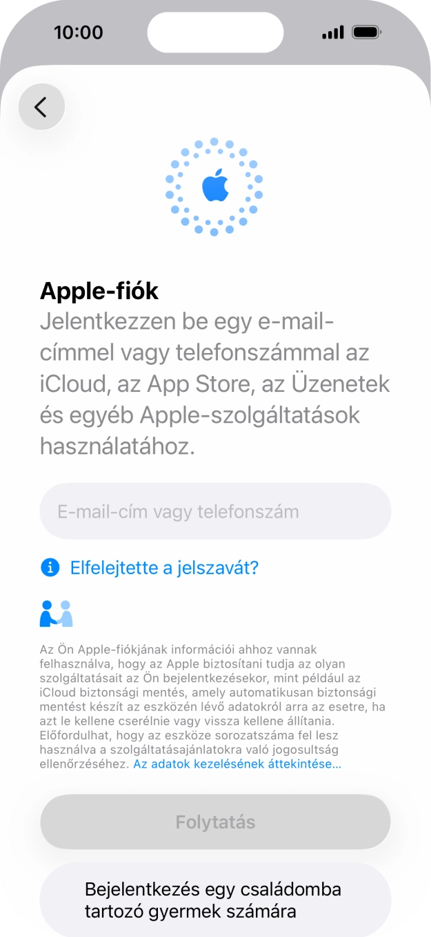 Válaszd az E-mail-cím vagy telefonszám lehetőséget, és írd be az Apple-fiókodhoz tartozó felhasználónevet.