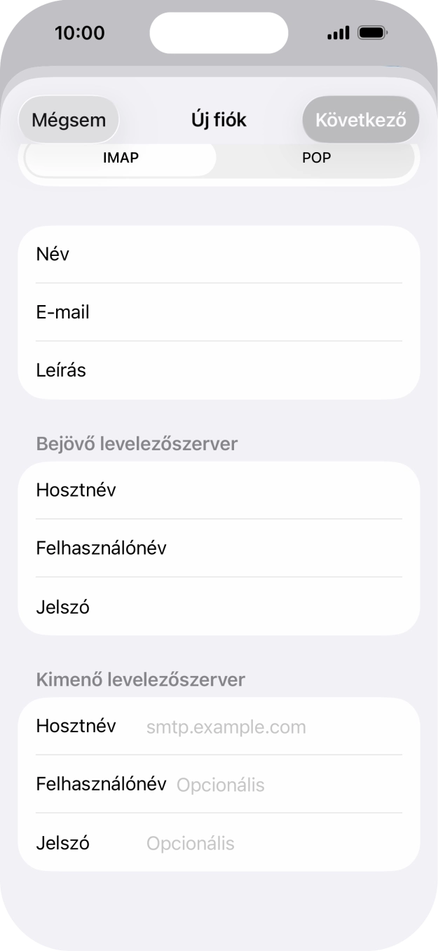 Kattints a Hosztnév mezőre, és írd be az e-mail szolgáltatód kimenő szerverének a nevét.