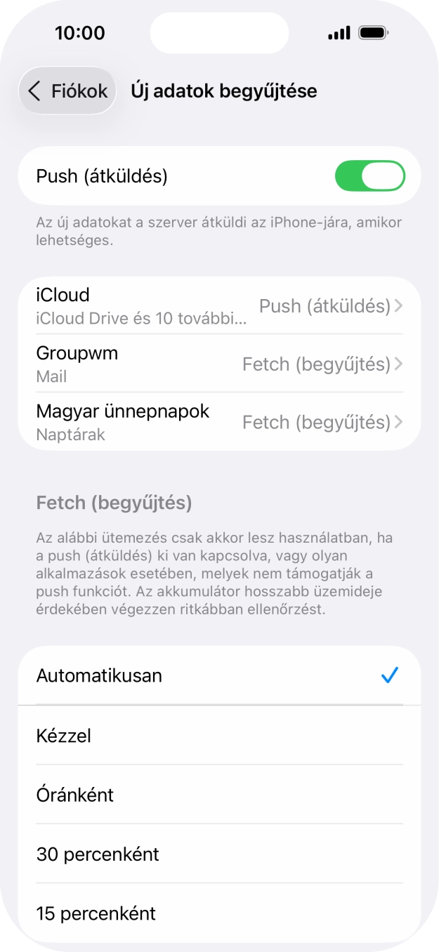 Kattints a „Push (átküldés)” melletti csúszkára a funkció be- vagy kikapcsolásához.