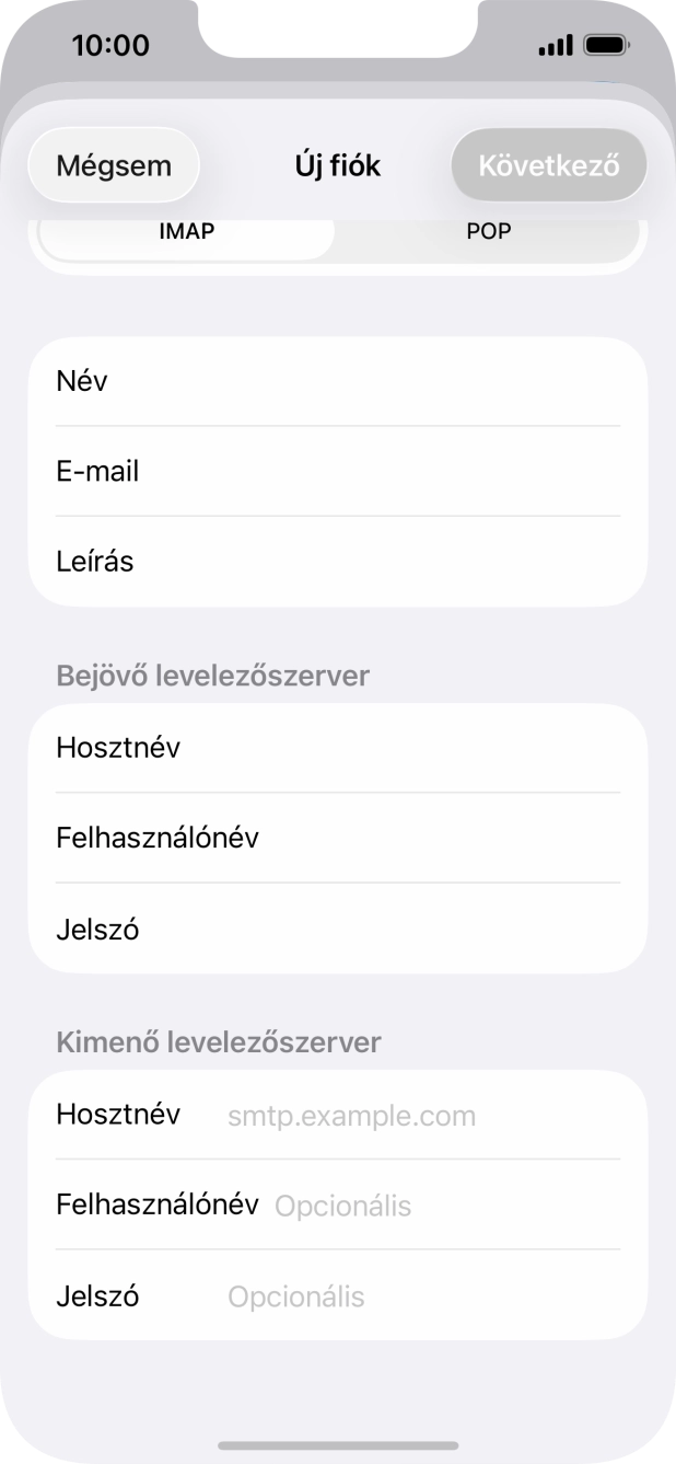 Kattints a Hosztnév mezőre, és írd be az e-mail szolgáltatód kimenő szerverének a nevét.