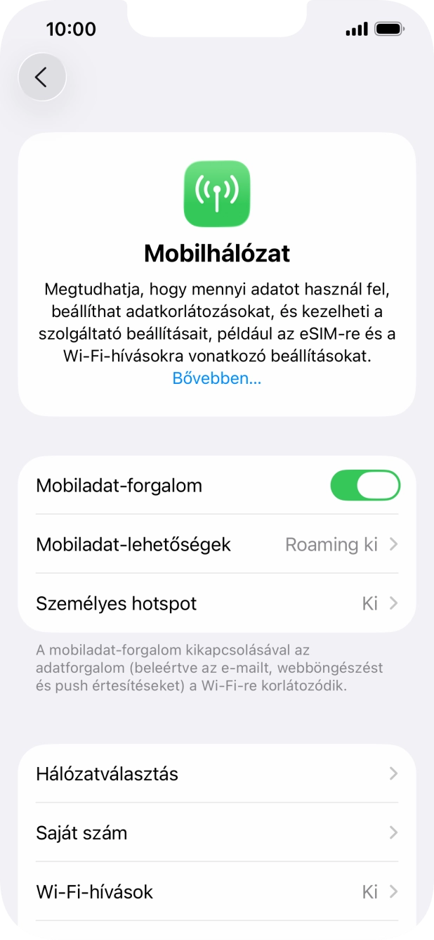 Kattints a „Mobiladat-forgalom” melletti csúszkára a funkció be- vagy kikapcsolásához.