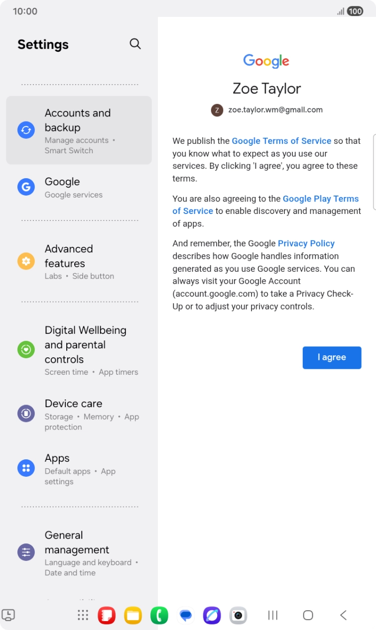 Press I agree and follow the instructions on the screen to select settings for your Google account.
