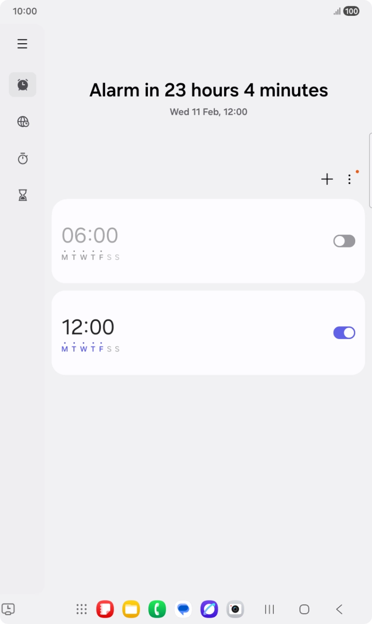 Press the indicator next to the required alarm to turn the alarm on or off.