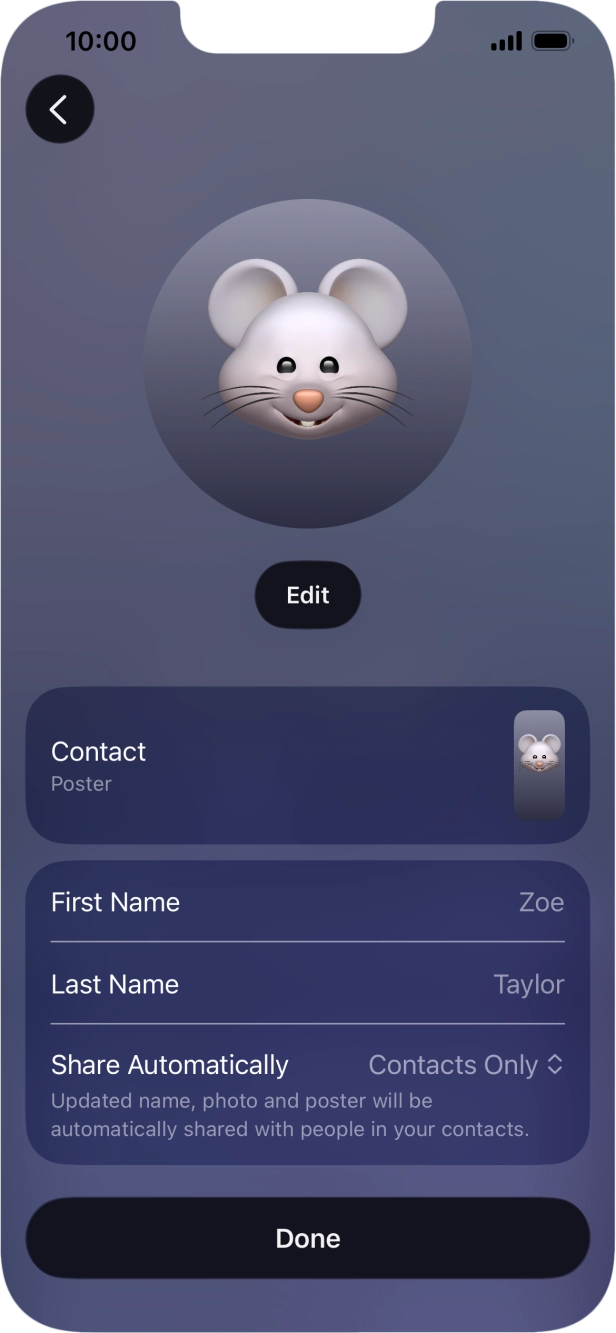 Press the name fields and follow the instructions on the screen to edit your name on the Contact Poster.