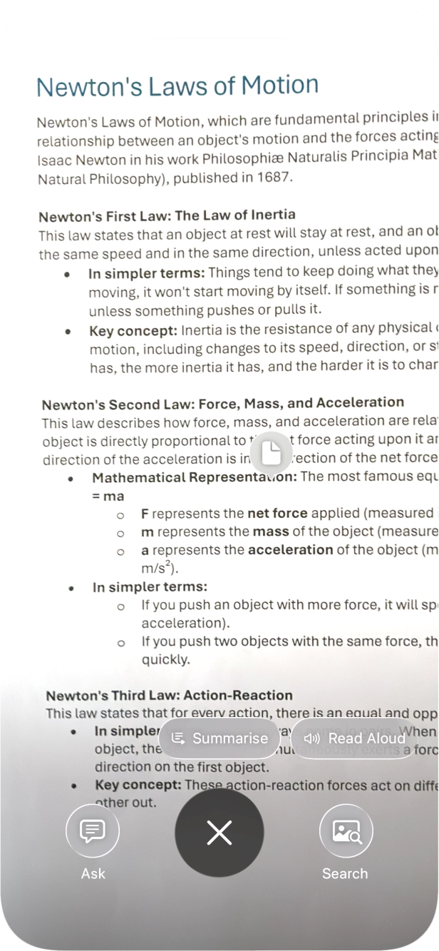 To use visual intelligence on a text, take a picture of the text, press the required setting and follow the instructions on the screen to use the function.
