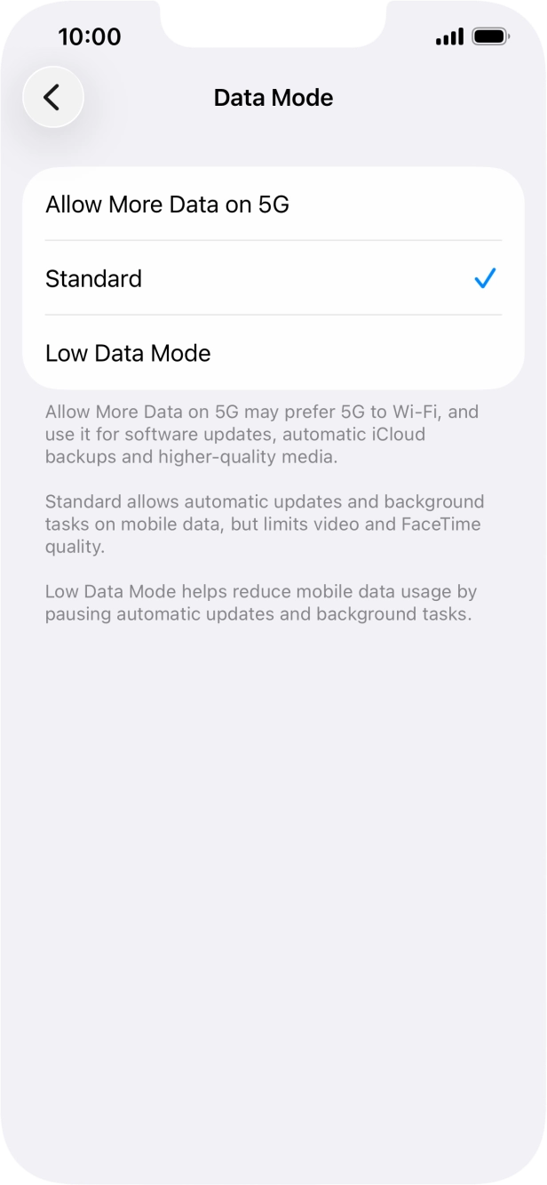 Press the required setting.