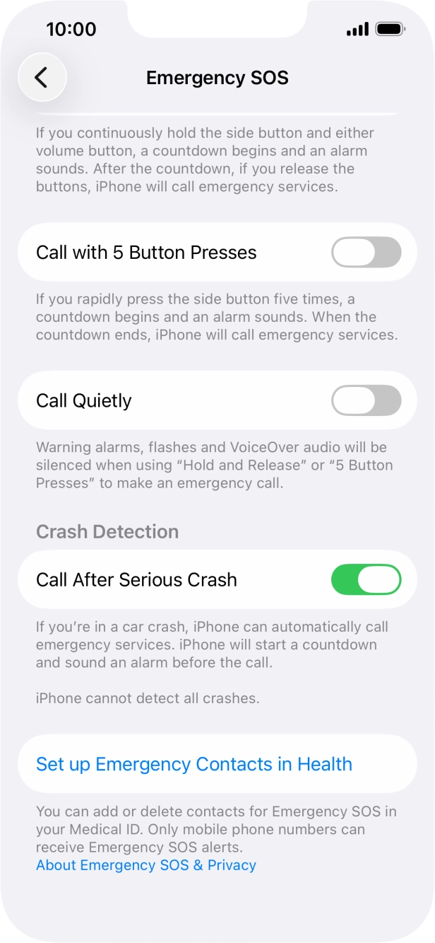 Press Set up Emergency Contacts in Health and follow the instructions on the screen to key in your emergency info and emergency contacts.