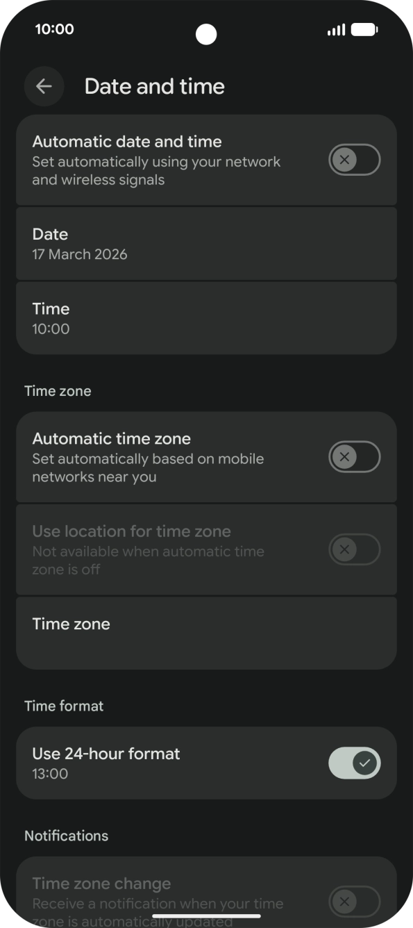 Press the indicator next to 'Automatic date and time' to turn on the function.