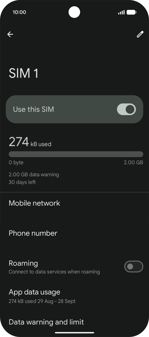 Press the indicator next to 'Roaming' to turn the function on or off.