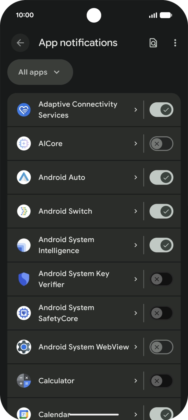 Press the indicator next to the required apps to turn the function on or off.