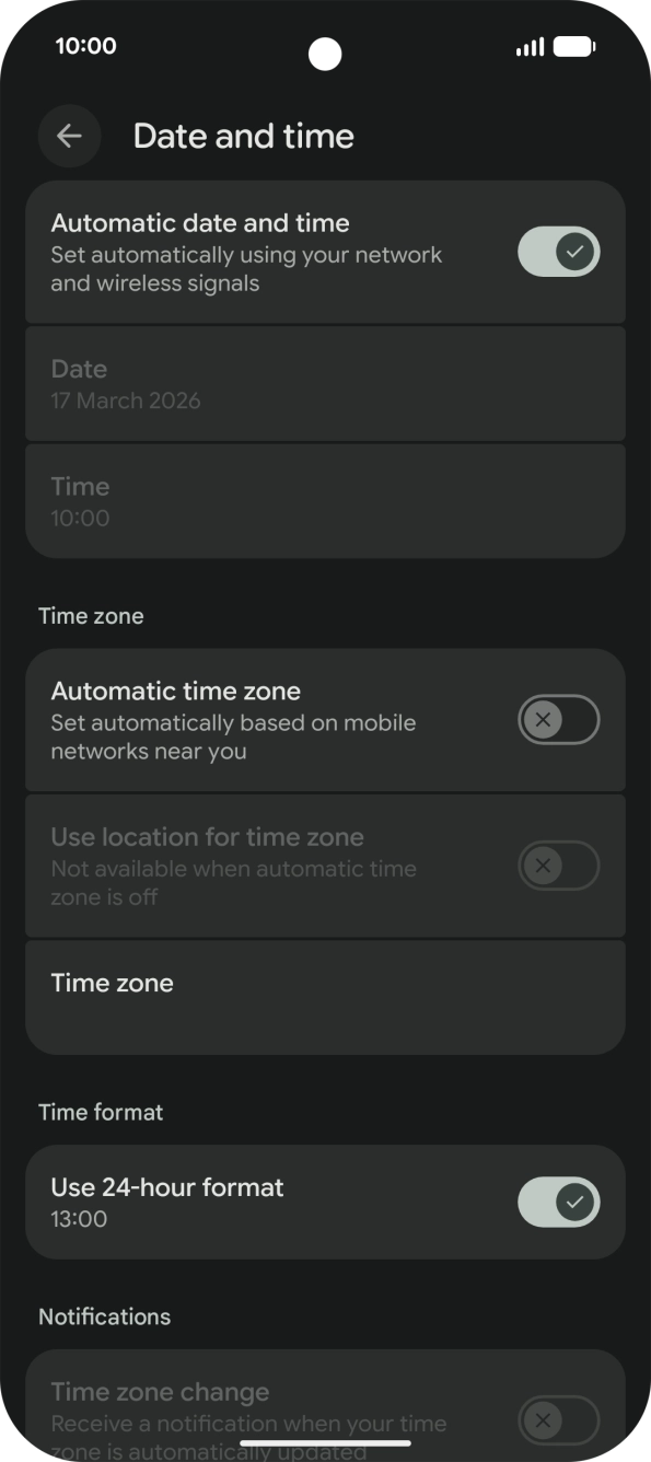 Press the indicator next to 'Automatic time zone' to turn on the function.