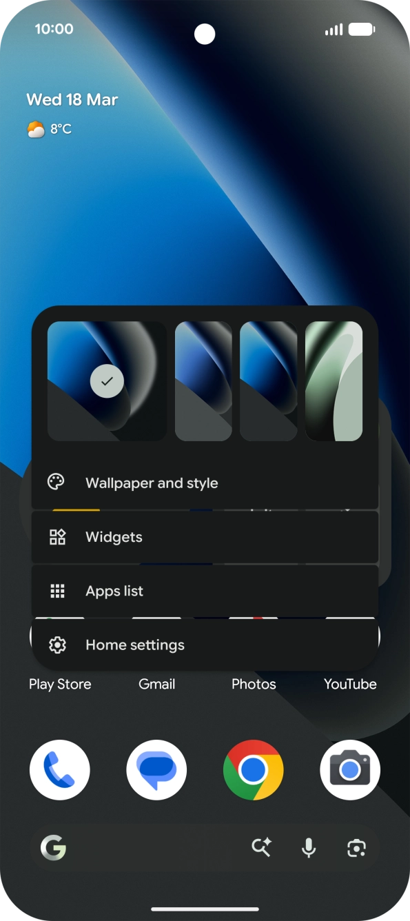 Press the required setting and follow the instructions on the screen to personalise the appearance of the home screen.