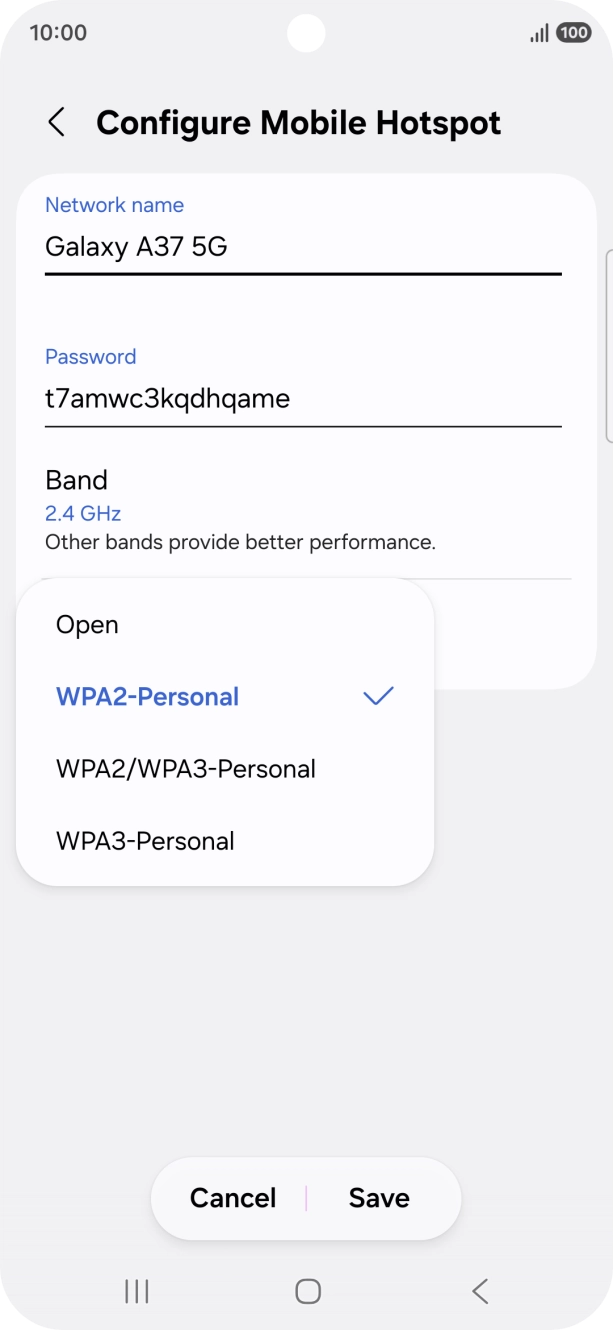 Press WPA3-Personal to password protect your Wi-Fi hotspot. Press WPA3-Personal to password protect your Wi-Fi hotspot.