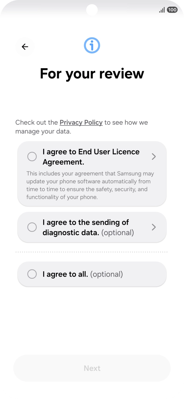 Press the fields next to the required settings to select them. Press the fields next to the required settings to select them.