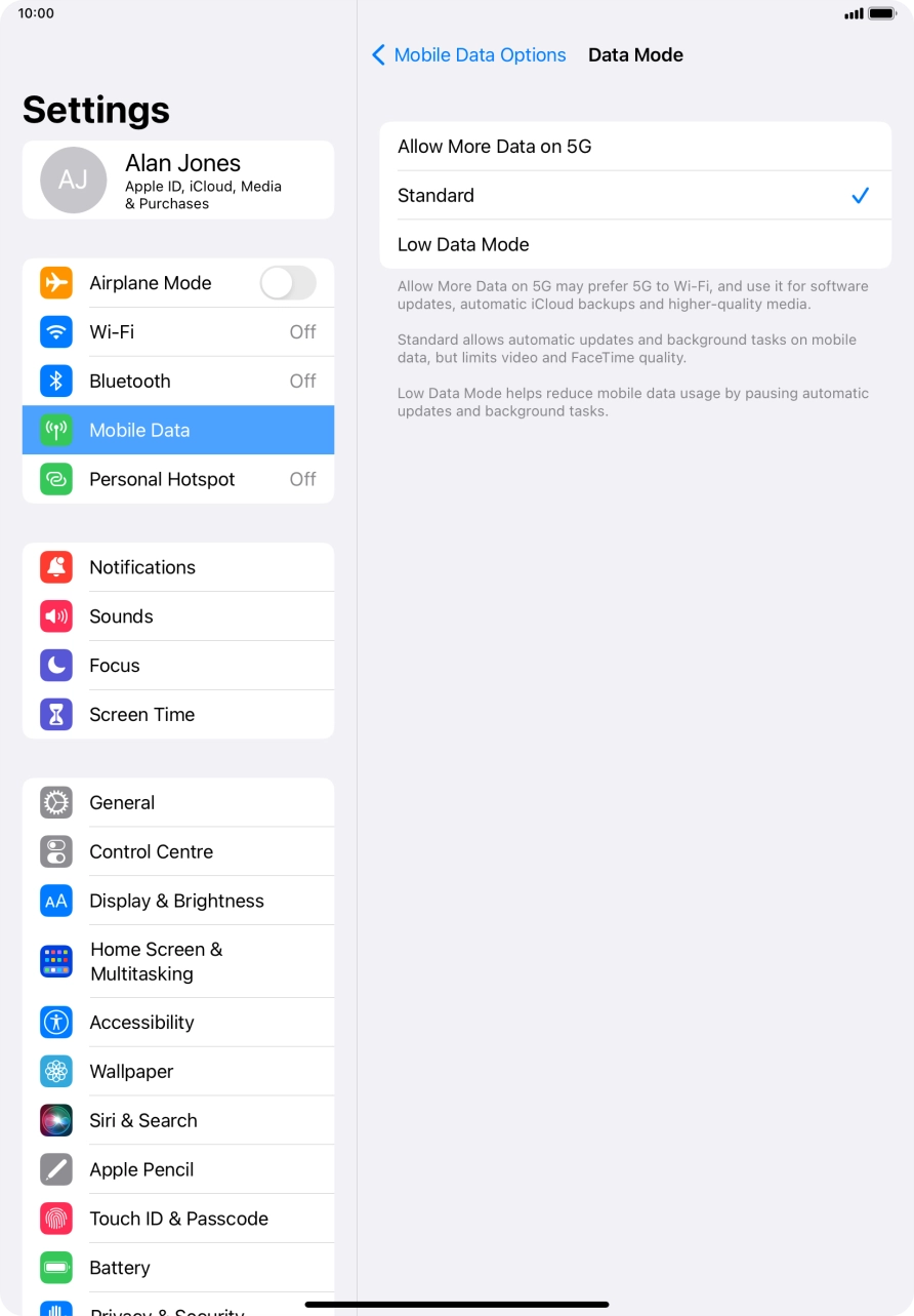 Press the required setting to turn the function on or off.