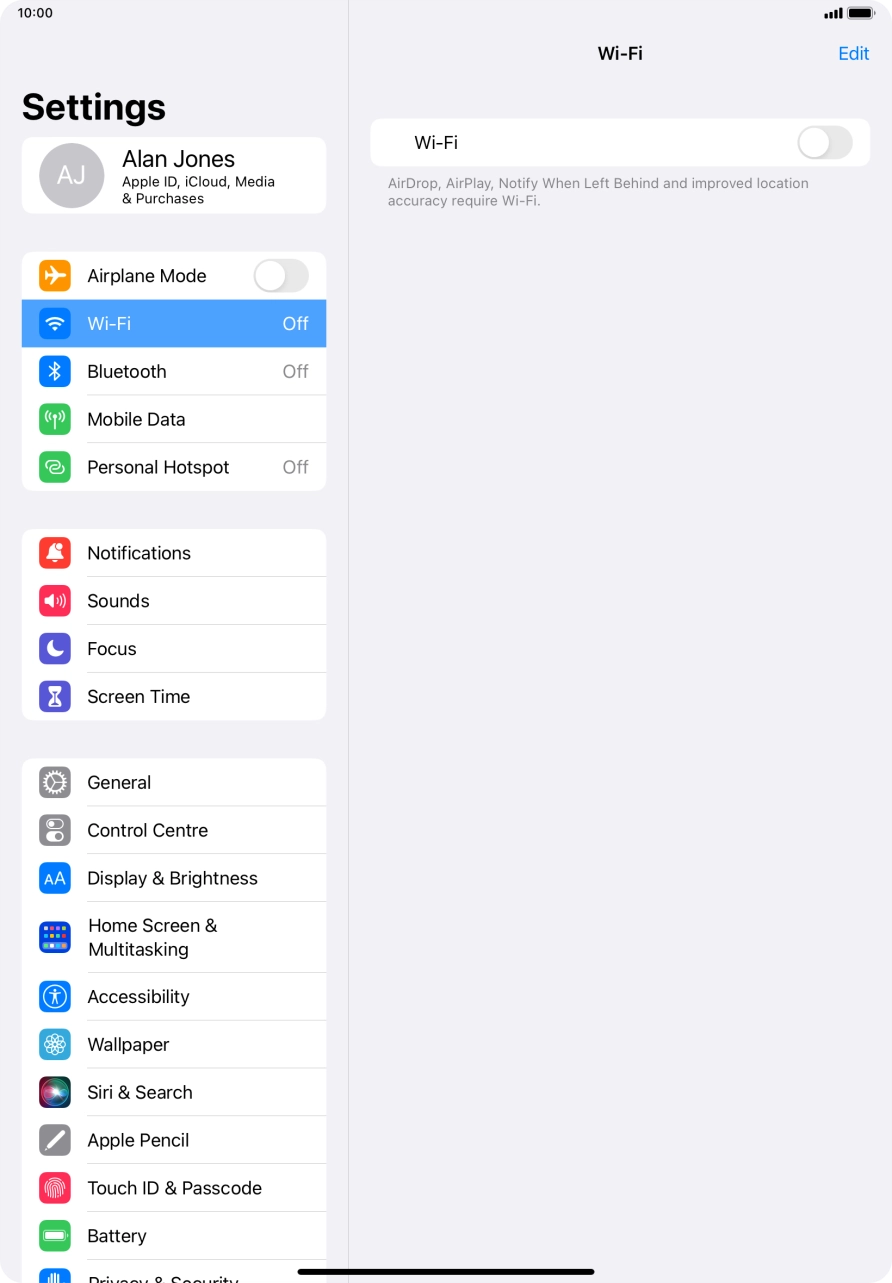 Press the indicator next to 'Wi-Fi' to turn on the function.