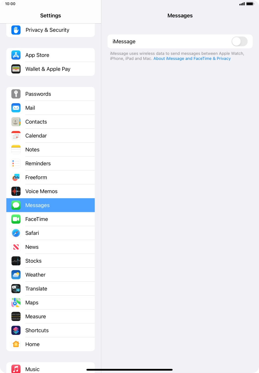 Press the indicator next to 'iMessage' to turn on the function.