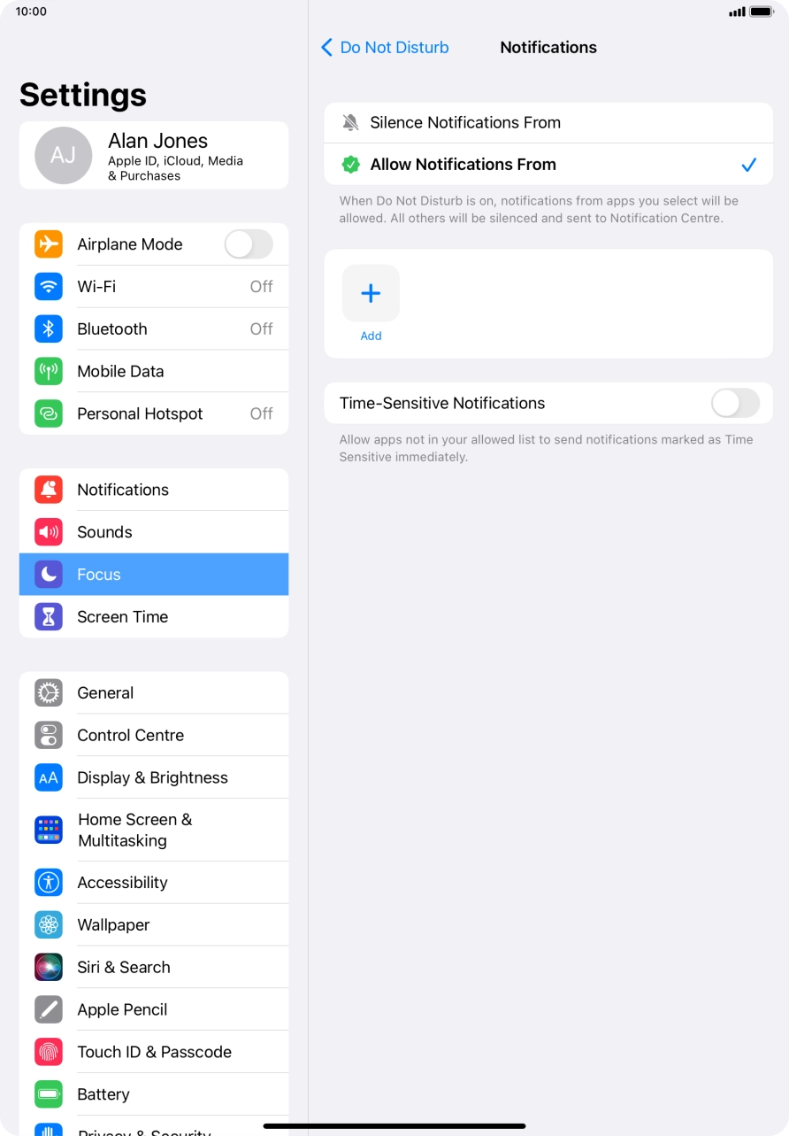 Press the indicator next to 'Time-Sensitive Notifications' to turn display of timed notifications on or off when Do Not Disturb is turned on. Press the indicator next to 'Time-Sensitive Notifications' to turn display of timed notifications on or off when Do Not Disturb is turned on.