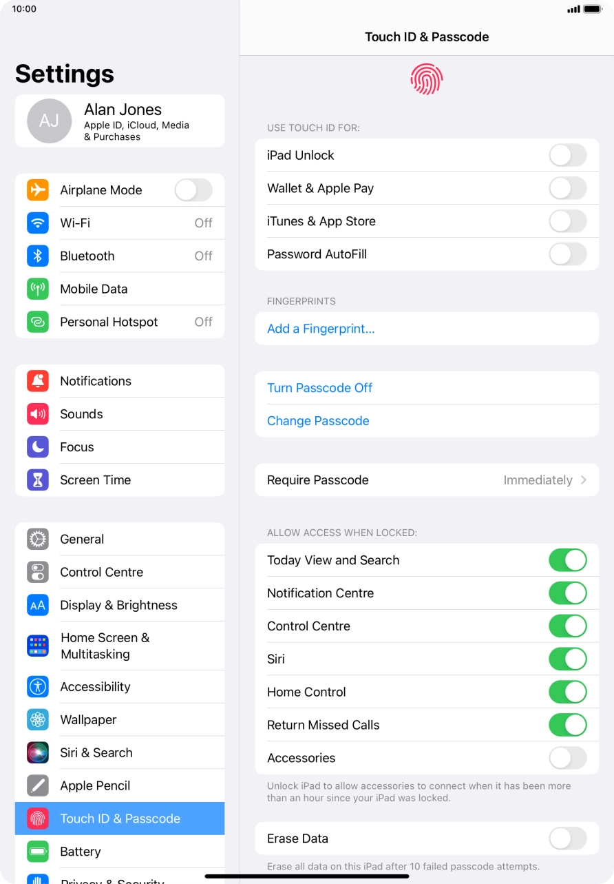 Press the indicator next to 'Erase Data' to turn the function on or off.