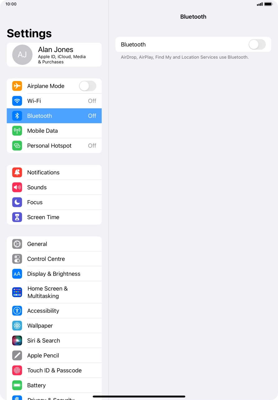 Press the indicator next to 'Bluetooth' to turn on the function.