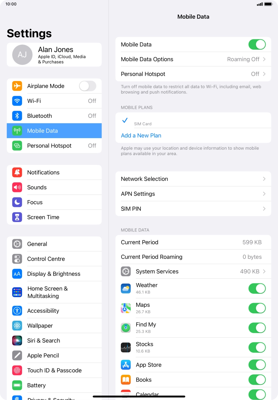 Press the indicator next to 'Mobile Data' to turn the function on or off. Press the indicator next to 'Mobile Data' to turn the function on or off.