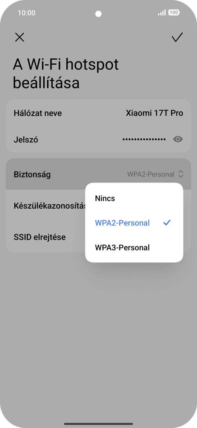 Válaszd a WPA3-Personal lehetőséget, ha jelszóval szeretnéd védeni a Wi-Fi hotspotodat. Válaszd a WPA3-Personal lehetőséget, ha jelszóval szeretnéd védeni a Wi-Fi hotspotodat.