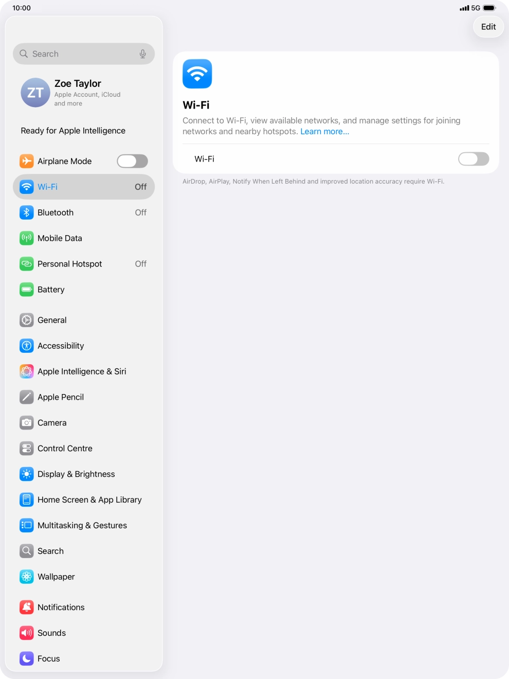 Press the indicator next to 'Wi-Fi' to turn on the function.