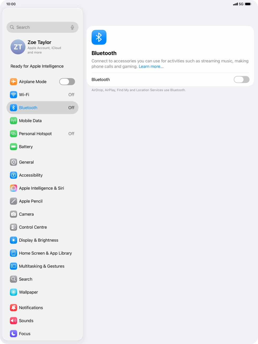 Press the indicator next to 'Bluetooth' to turn on the function.