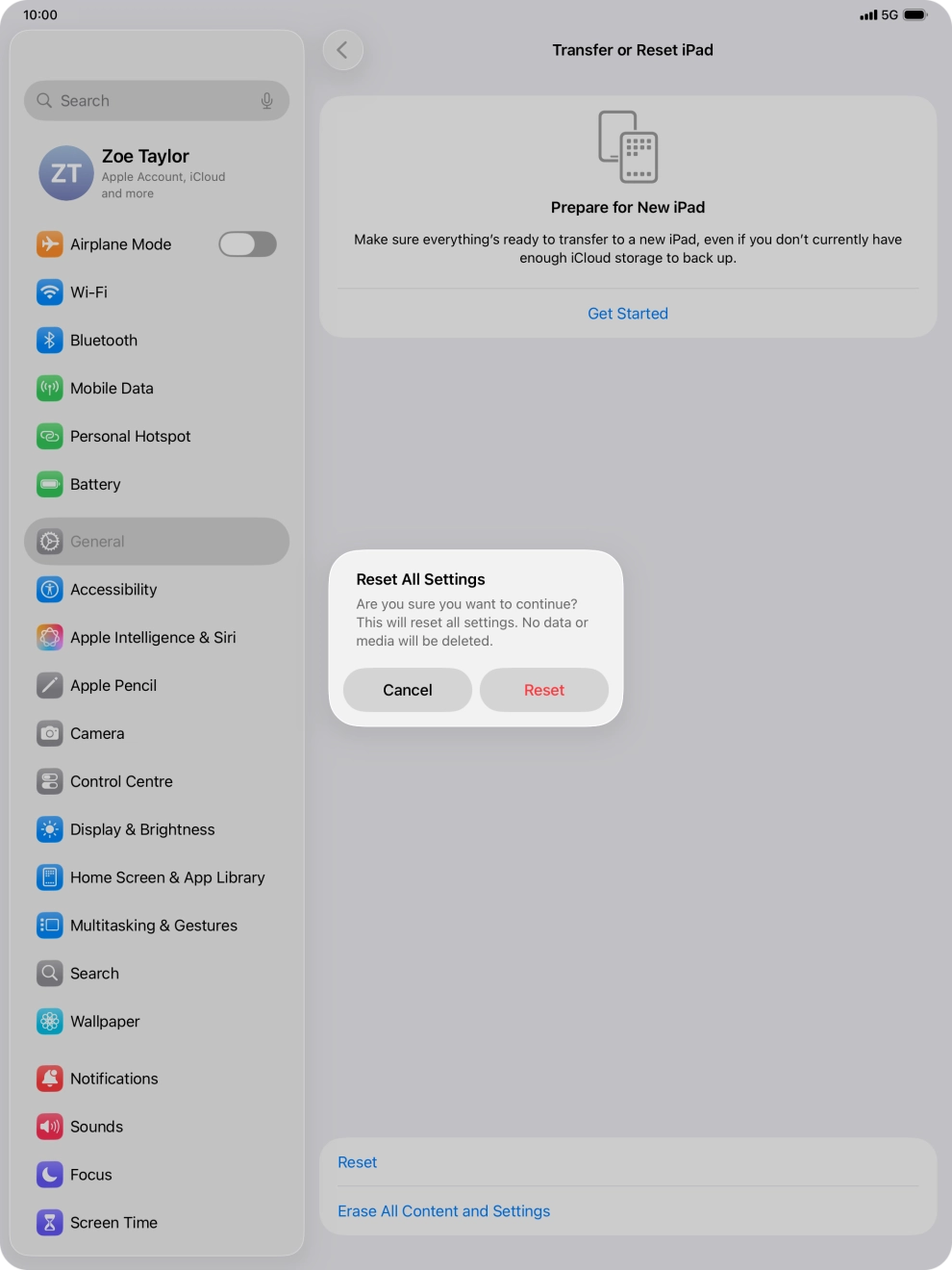 Press Reset. Wait a moment while the factory settings are restored. Follow the instructions on the screen to set up your tablet and prepare it for use.