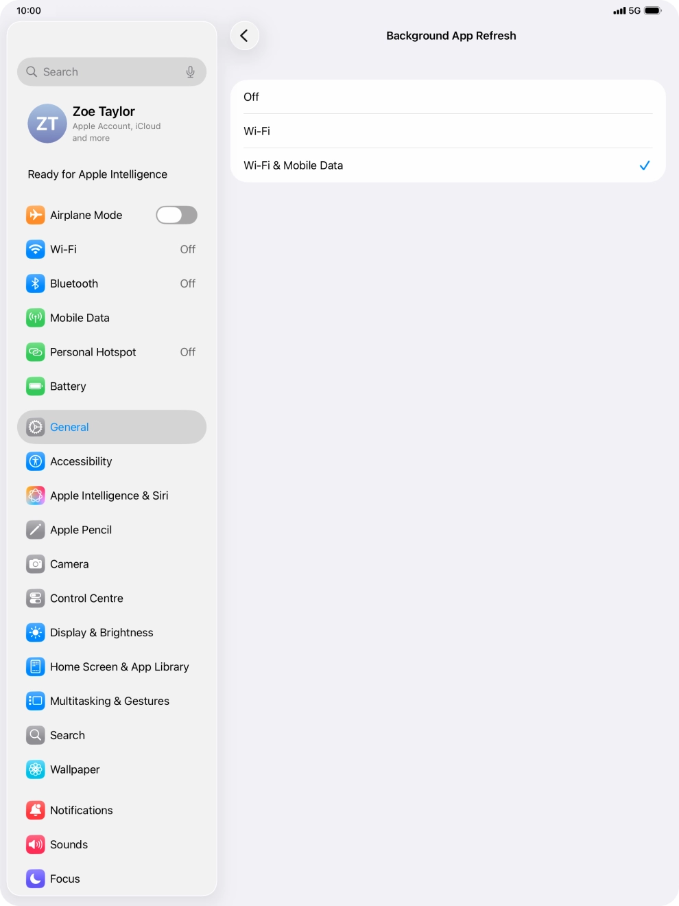 To turn off background refresh of apps, press Off. To turn off background refresh of apps, press Off.