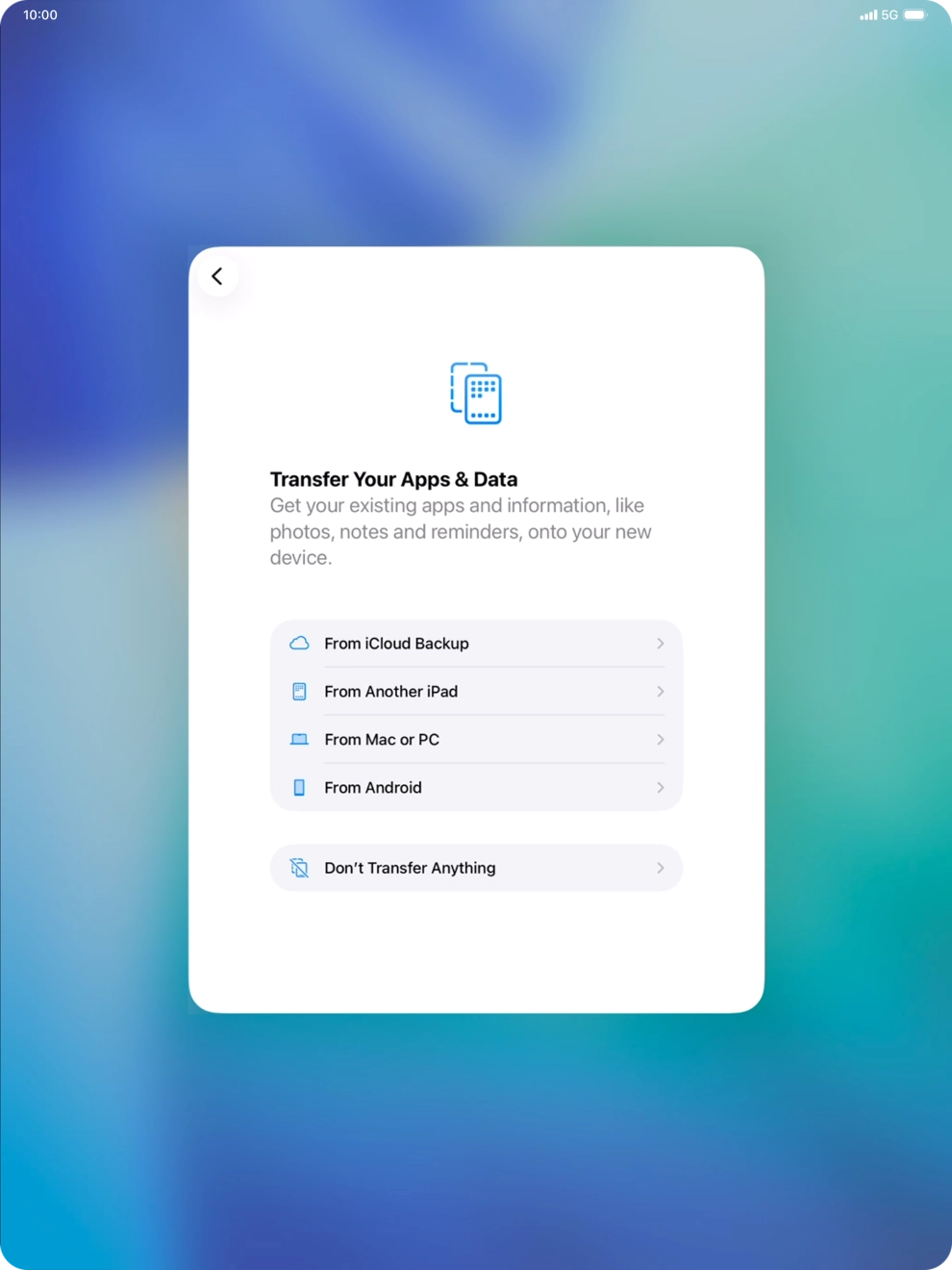 You can transfer the contents of an Android device to your tablet when it's activated for the first time and after a factory reset. When this screen is displayed, your tablet is ready to transfer contents from an Android device.