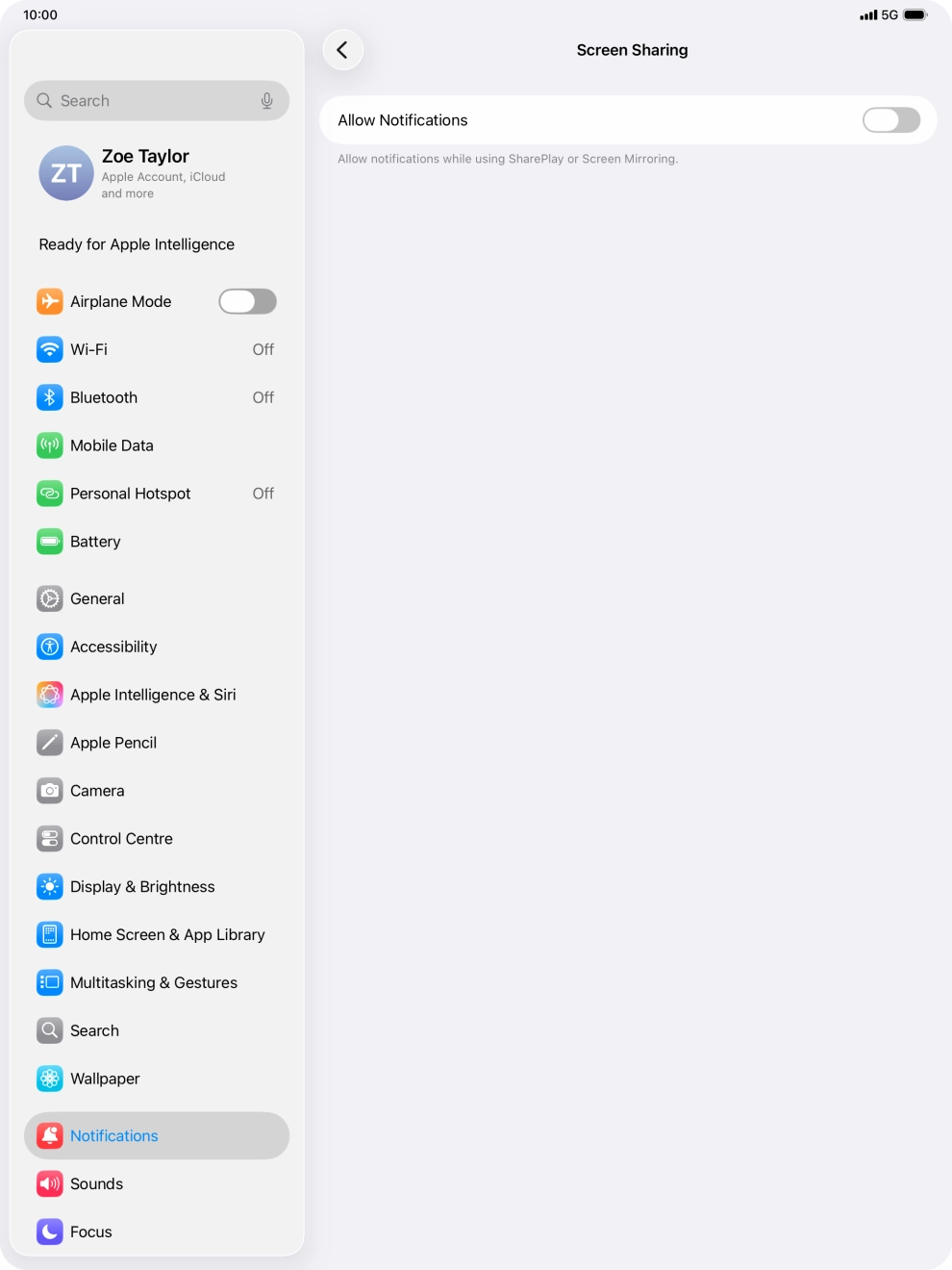 Press the indicator next to 'Allow Notifications' to turn the function on or off.