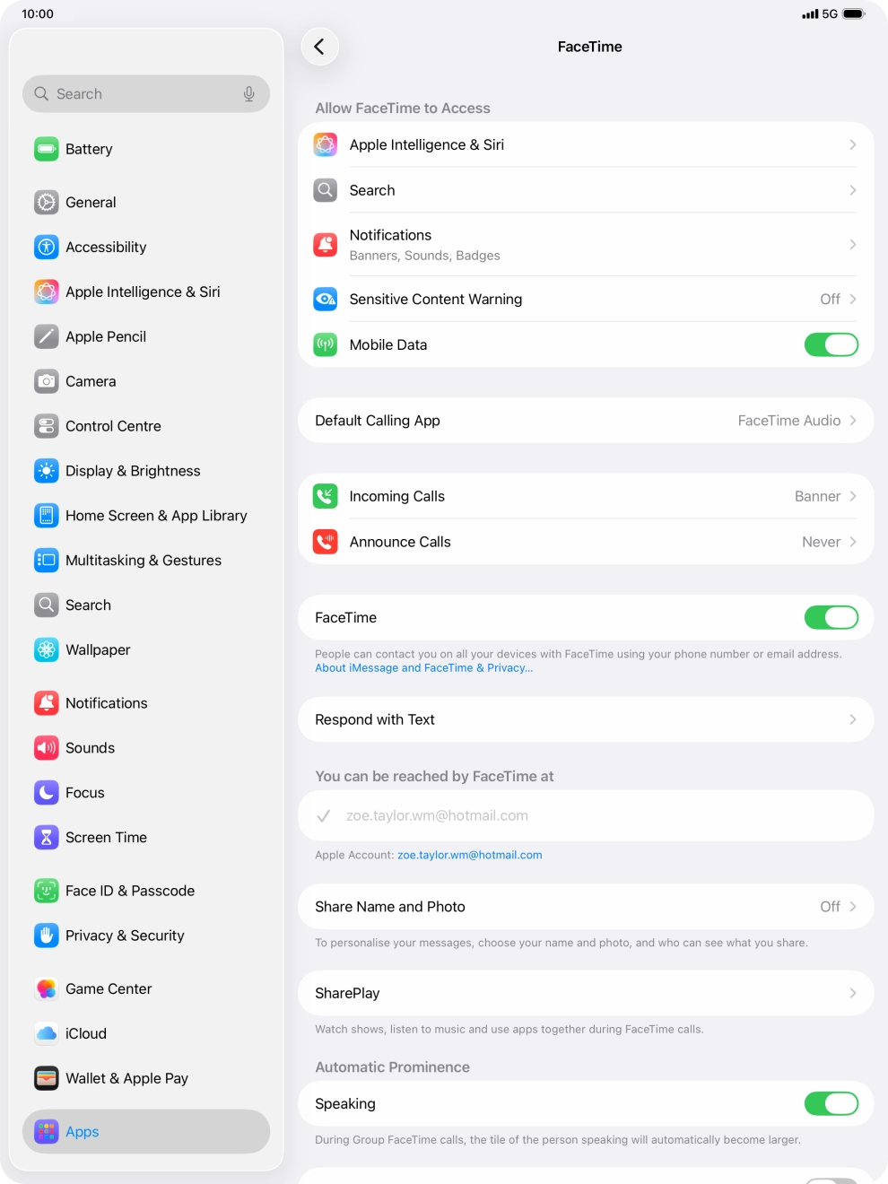 Press the indicator next to 'FaceTime' to turn the function on or off. Press the indicator next to 'FaceTime' to turn the function on or off.