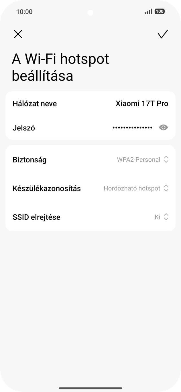 Válaszd a Hálózat neve lehetőséget, és írd be a Wi-Fi-hotspot kívánt nevét. Válaszd a Hálózat neve lehetőséget, és írd be a Wi-Fi-hotspot kívánt nevét.