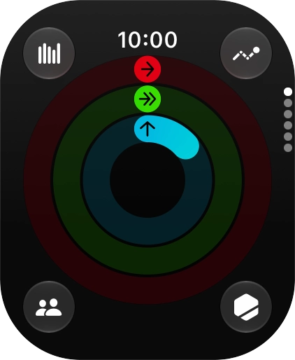 The screen will tell you how far you are from completing your daily activity goals. When the coloured rings are closed, you've reached the goals of your daily activity.