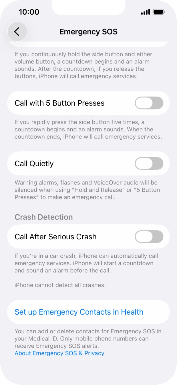 Press the indicator next to 'Call After Serious Crash' to turn on the function.