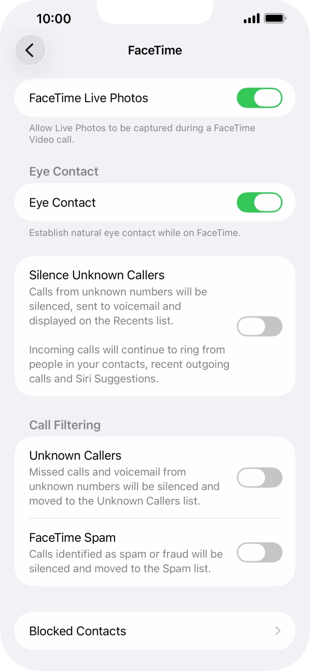 Press the indicator next to 'FaceTime Live Photos' to turn the function on or off. Press the indicator next to 'FaceTime Live Photos' to turn the function on or off.