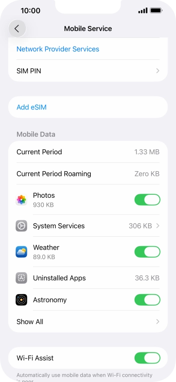 Press the indicators next to the required applications to turn the function on or off.