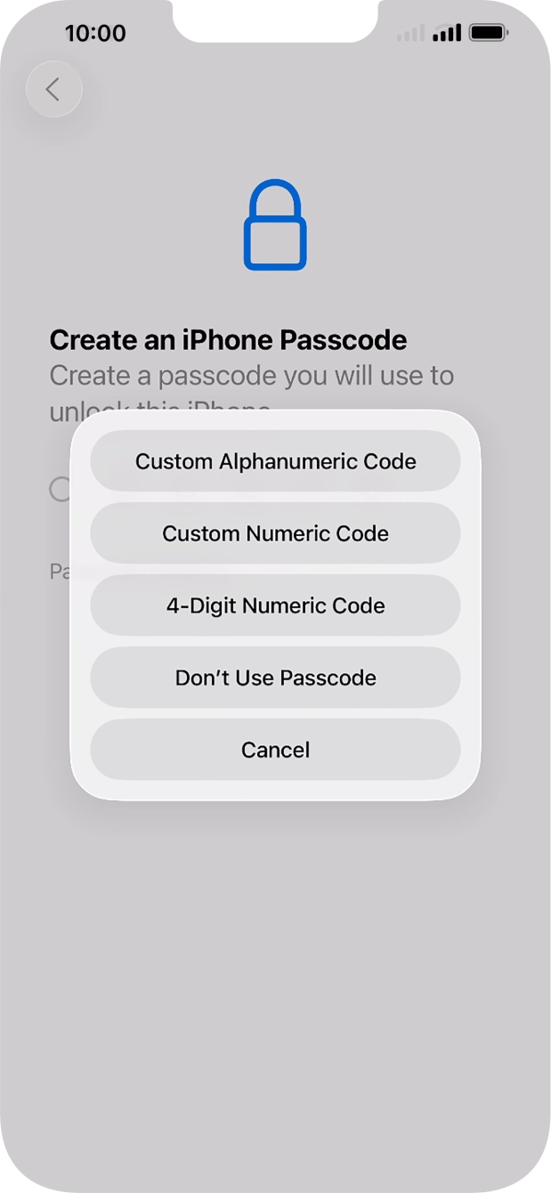 Follow the instructions on the screen to turn on the lock code or press Don't Use Passcode.