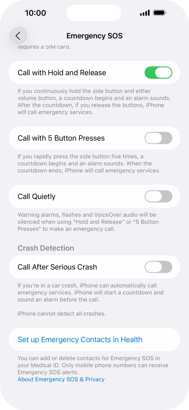 Press the indicator next to 'Call After Serious Crash' to turn on the function.