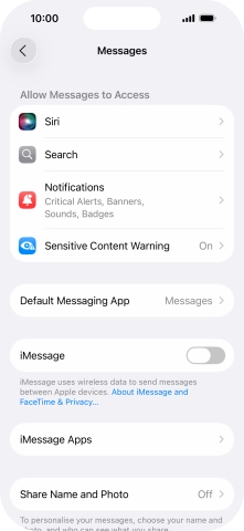 Press the indicator next to 'iMessage' to turn on the function.
