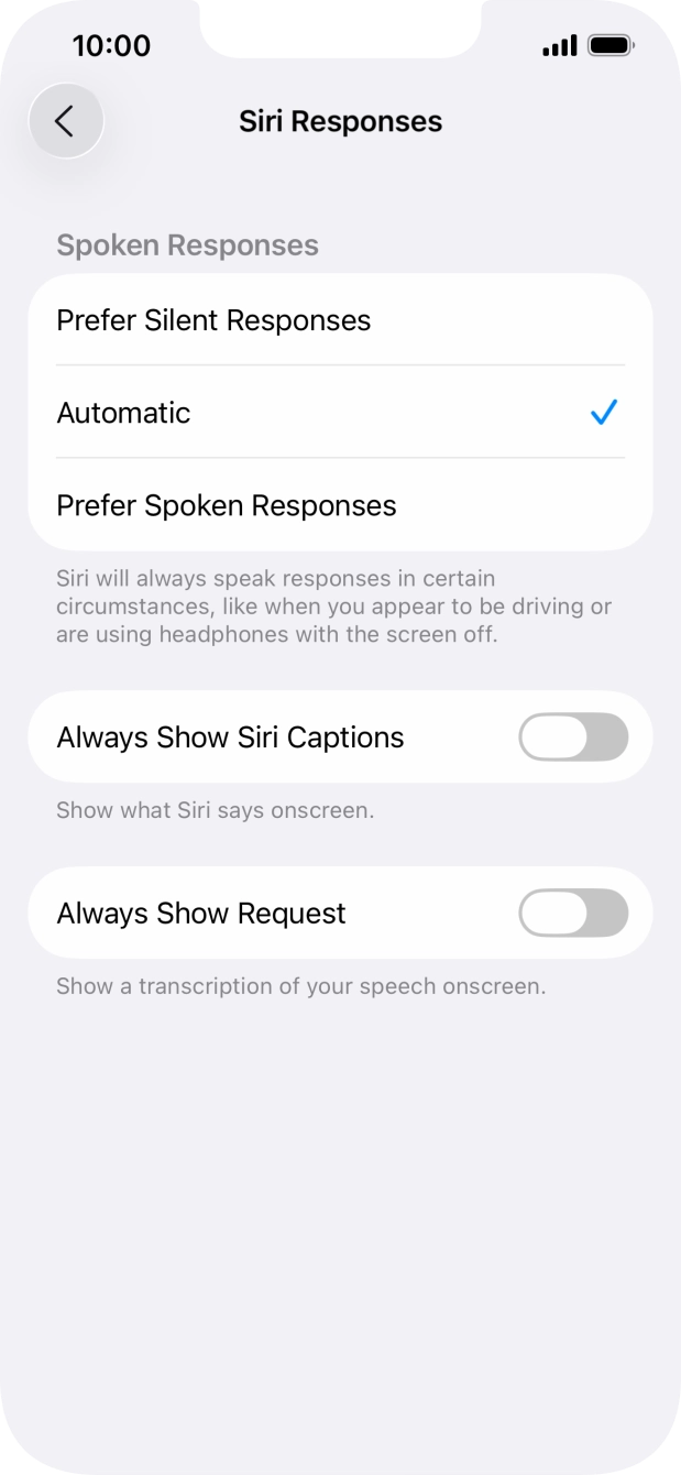 Press the required setting.
