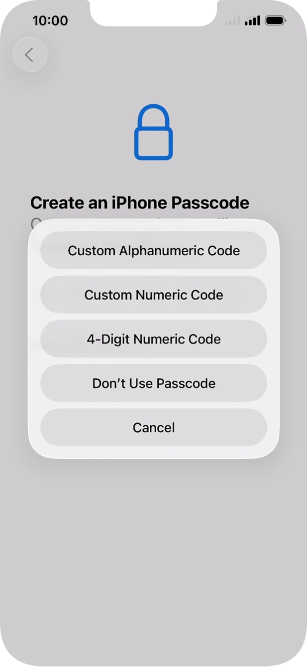 Follow the instructions on the screen to turn on the lock code or press Don't Use Passcode.