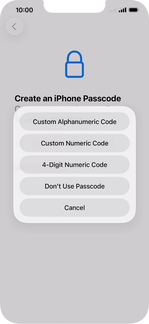 Follow the instructions on the screen to turn on the lock code or press Don't Use Passcode.