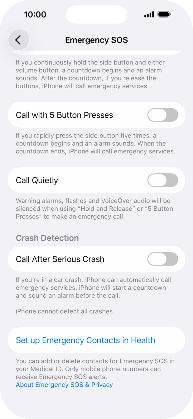 Press the indicator next to 'Call After Serious Crash' to turn on the function.