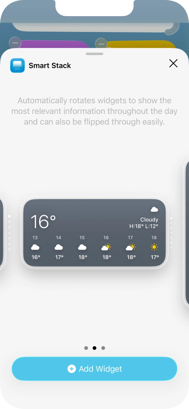Slide your finger right or left on the screen to select the required widget size.
